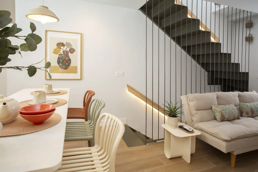 Holiday Home for Rent Sala de estar moderna con escaleras suspendidas y comedor integrado