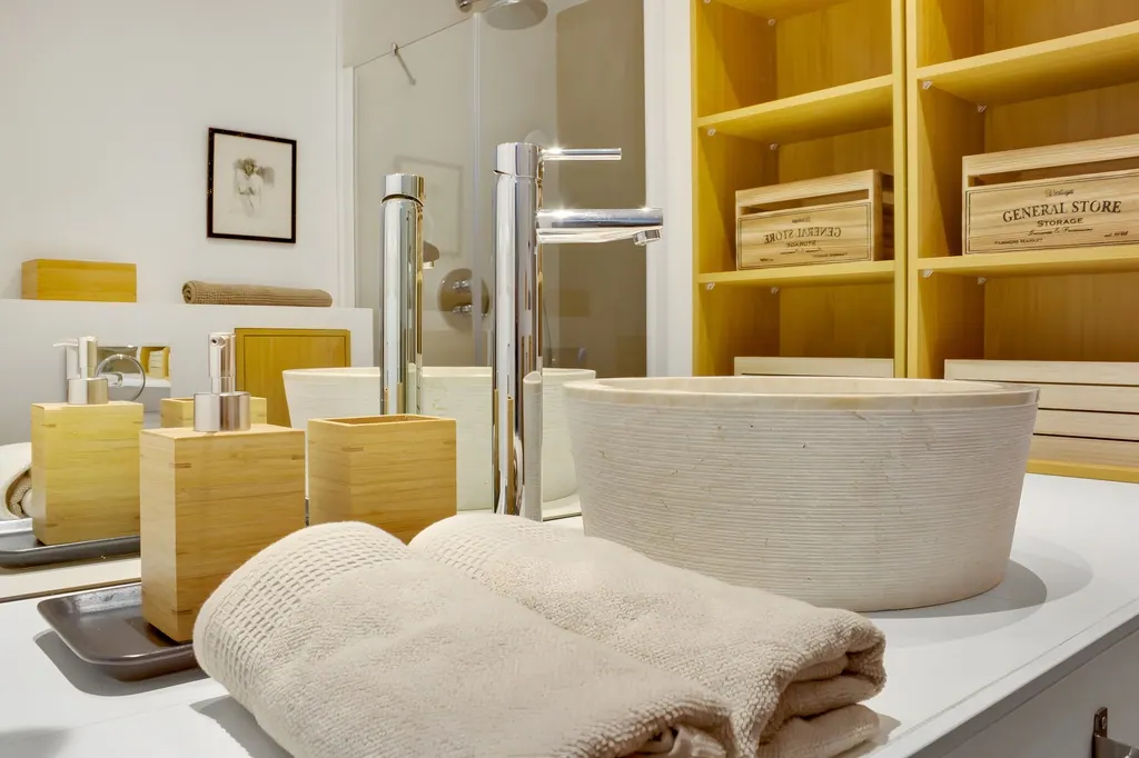 Penthouse la Carihuela Baño moderno con lavabo blanco, grifería cromada y estanterías amarillas de madera