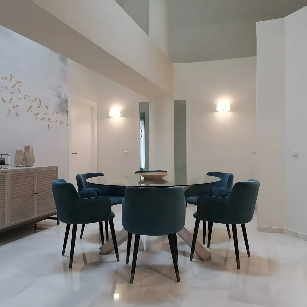 Villa Río Grande Comedor moderno con sillas azules y mesa redonda de cristal
