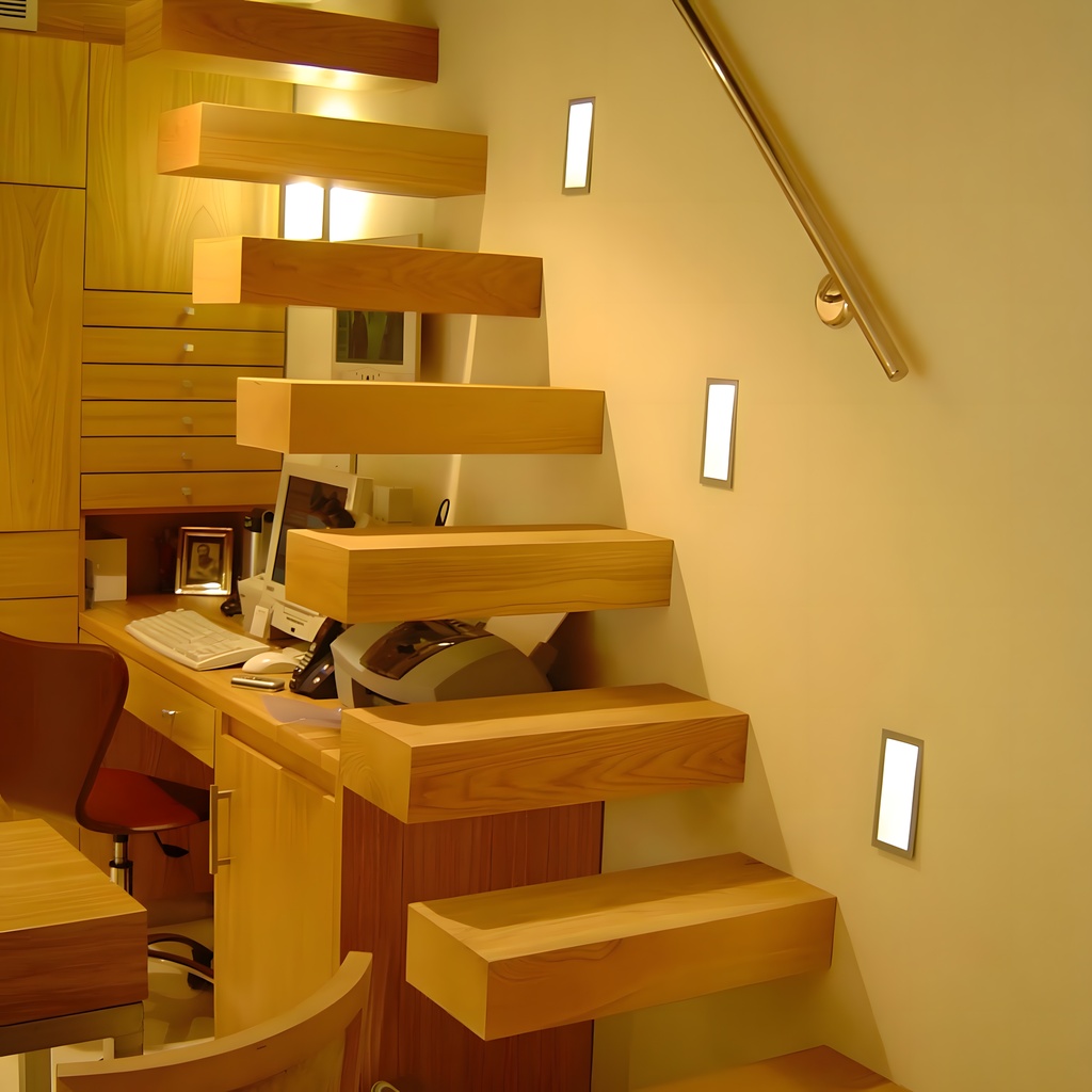 Escalera flotante de madera con iluminación LED integrada en pared